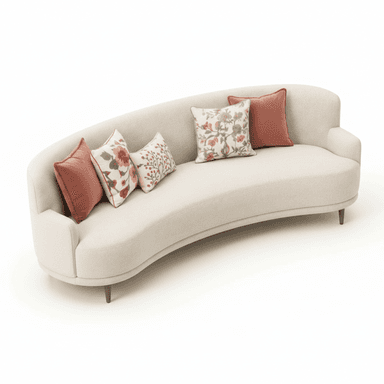 An elegant curved sofa upholstered in a cream-colored bouclé fabric, featuring a low backrest and integrated arms. It stands on four tapered wooden legs and is adorned with four decorative throw pillows in muted floral and solid coral tones. — 3D model (AI enhanced source)
