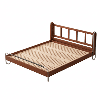 A contemporary bed frame featuring a dark brown wood construction with a slatted headboard and polished tubular metal accents. It includes an integrated wooden slat base for mattress support and exhibits a low-profile design. — 3D model (AI enhanced source)