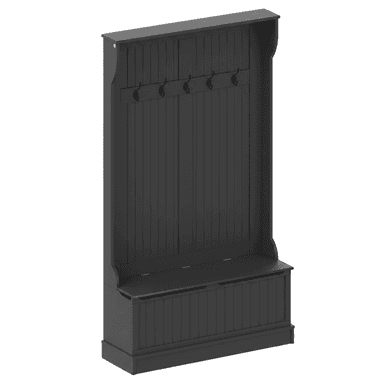 A dark grey, traditional-style hall tree featuring a tall, paneled back with five double-pronged metal coat hooks and a lift-top storage bench at the base. The unit includes a subtle top shelf and decorative side moldings, finished in a matte dark grey. — 3D model (AI enhanced source)