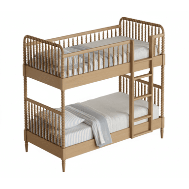 A light-colored wooden bunk bed featuring a classic design with turned spool spindles on both the upper and lower bunks. The bed includes a built-in ladder for access to the top bunk and is outfitted with light-colored, patterned bedding. — 3D model (AI enhanced source)
