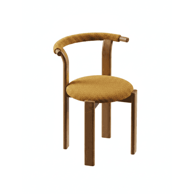 A modern armchair featuring a curved wooden frame with an upholstered backrest and seat. The frame is a medium-toned wood, possibly walnut or oak, with a smooth finish. The backrest is a continuous curved piece that also forms the armrests, capped with small cylindrical wooden details at the ends. Both the backrest and the round seat cushion are upholstered in a textured, mustard yellow boucle fabric. — 3D model (AI enhanced source)
