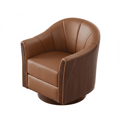 A stylish Art Deco style swivel barrel armchair, upholstered in a rich brown leather. The chair features a distinctive rounded, bucket-like silhouette with a fan-pleated backrest, offering a luxurious and comfortable seating experience. Integrated dark wood panels adorn the exterior sides and base, contrasting with the leather and adding a touch of classic elegance. A brass nailhead trim outlines the lower perimeter of the chair above its circular swivel base. — 3D model (AI enhanced source)