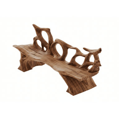 A sculptural organic wood bench, likely crafted from a single piece of rootwood or highly figured timber, featuring a seamlessly integrated seat and backrest with irregular, flowing cutouts. The natural grain and dark brown color of the wood are prominent, giving it a rustic yet refined aesthetic. — 3D model (AI enhanced source)