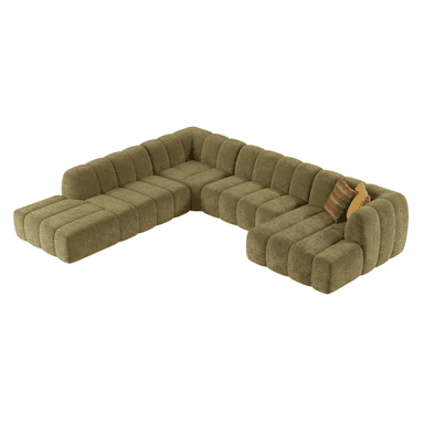 A large, multi-piece modular sectional sofa with olive green channel-tufted upholstery, configured in a broad L-shape with an additional chaise-like extension. It includes two decorative throw pillows. — 3D model (AI enhanced source)