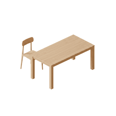 An image displaying a simple, modern dining table crafted from light-toned wood, accompanied by a single matching wooden chair, both set against a plain white background. — 3D model (AI enhanced source)
