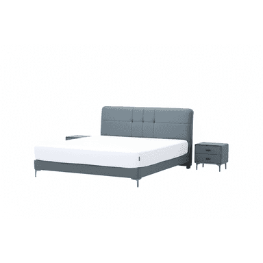 A modern upholstered platform bed featuring a rectangular headboard with grid-patterned panel tufting. The bed frame is also upholstered, and both the bed and the two matching nightstands are supported by slim, tapered metal legs. The nightstands each have two drawers with minimalist pulls. A white mattress is visible on the bed frame. — 3D model (AI enhanced source)