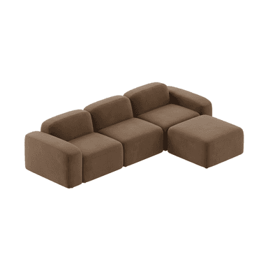 A contemporary modular sectional sofa upholstered in a brown fabric, featuring multiple individual sections and an accompanying ottoman. The design emphasizes rounded edges and a low profile. — 3D model (AI enhanced source)