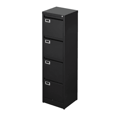 A tall, black, four-drawer vertical filing cabinet made of metal. Each drawer features a recessed handle and an integrated label holder. There is a central locking mechanism located on the top drawer, suggesting it locks all drawers simultaneously. The design is utilitarian and functional, characteristic of office furniture. — 3D model (AI enhanced source)