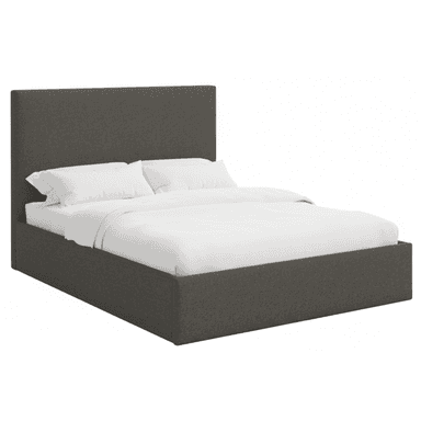 A contemporary platform bed fully upholstered in a dark gray fabric, featuring a rectangular headboard and a low-profile frame. The bed is presented with white bedding. — 3D model (AI enhanced source)