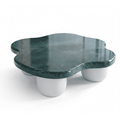 A contemporary coffee table featuring a thick, organically shaped tabletop made of glossy green marble with prominent white veining. The table is supported by four short, stout, and rounded white legs, giving it a low profile and a sculptural appearance. — 3D model (AI enhanced source)