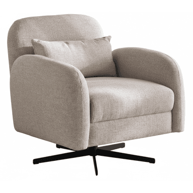 An upholstered swivel accent chair featuring a contemporary design. It has a plush, light beige or oatmeal-colored textured fabric upholstery, characterized by soft, rounded lines for the backrest and armrests. The chair includes a matching loose lumbar pillow for added comfort. It is supported by a sleek, black four-star metal swivel base, allowing for rotational movement. — 3D model (AI enhanced source)