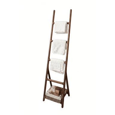 A dark brown wooden leaning ladder-style towel rack featuring three rounded rungs for hanging textiles and an integrated rectangular base shelf for additional storage. The design is characterized by smooth, curved lines and a minimalist aesthetic. — 3D model (AI enhanced source)