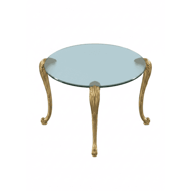 A round accent table featuring a clear glass top supported by three ornate, gilded metal legs designed in a Rococo Revival style. — 3D model (AI enhanced source)