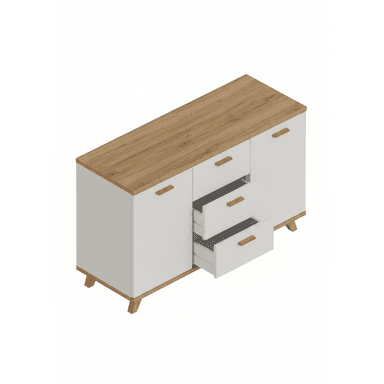 A modern, two-tone sideboard featuring a light wood grain top surface and matching base frame, contrasting with a matte white body. It has a central section with three pull-out drawers and two side compartments with doors, all equipped with minimalist wooden pull handles. The unit stands on short, splayed wooden legs, contributing to its contemporary aesthetic. — 3D model (AI enhanced source)