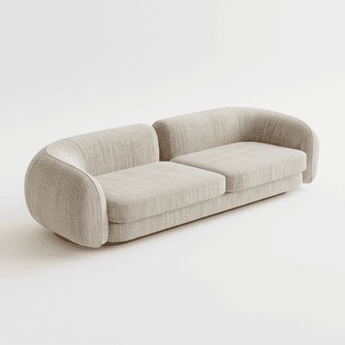 A contemporary two-seater sofa featuring a distinctive curved, armless design, upholstered in a light beige or off-white textured fabric, and supported by a recessed wooden plinth base. — 3D model (AI enhanced source)
