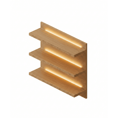 A modern, wall-mounted shelving unit featuring three horizontal wooden shelves. Each shelf has an integrated LED light strip illuminating the surface below it. The unit is constructed from light-toned wood, likely oak, with visible grain patterns. The shelves are supported by a vertical back panel which is also made of wood. The overall design is clean and minimalist, with a focus on functional illumination. — 3D model (AI enhanced source)