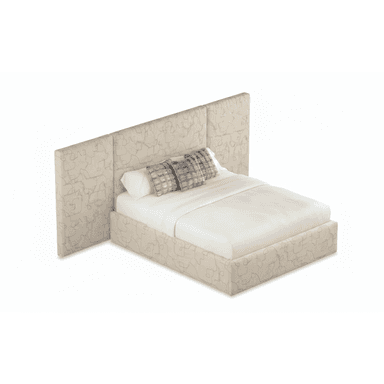 A contemporary upholstered platform bed featuring a low-profile frame and an expansive, integrated headboard. The entire bed structure, including the headboard and frame, is covered in a light beige or cream-colored fabric with a subtle, abstract linear pattern. The headboard extends significantly beyond the width of the mattress on both sides, creating a distinctive aesthetic. The bed is presented with white bedding and two decorative throw pillows with a geometric grey pattern. — 3D model (AI enhanced source)