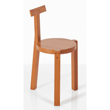 A minimalist wooden side chair with a round seat and an upright backrest, constructed from three vertical pieces of wood. — 3D model (AI enhanced source)