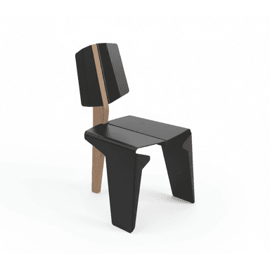 A contemporary armless side chair featuring a distinctive two-tone design, composed primarily of angular black panels for the seat and front legs, complemented by a natural wood element that forms the rear support and spine of the backrest. The chair exhibits a minimalist and geometric aesthetic. — 3D model (AI enhanced source)