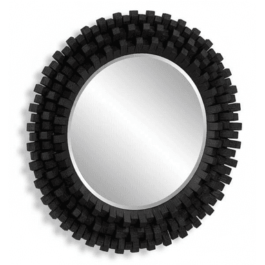 A striking round wall mirror featuring a unique, three-dimensional frame constructed from numerous short, rectangular wooden blocks. These blocks are arranged radially, projecting outwards, creating a textured, spiky, or sunburst-like effect. The wood is finished in a matte black color, providing a modern and sculptural aesthetic to the reflective surface. — 3D model (AI enhanced source)