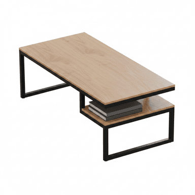 A rectangular coffee table featuring a light wood tabletop and a black metal frame, with an integrated lower shelf also made of wood. — 3D model (AI enhanced source)