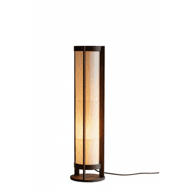 A modern floor lamp featuring a tall, rectangular column design. The lamp consists of a dark brown wooden frame that encases light-colored fabric panels, which diffuse the light. It stands on a matching circular wooden base and includes a visible power cord extending from the bottom. — 3D model (AI enhanced source)