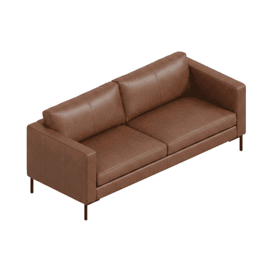 A modern two-seater sofa featuring clean lines, track arms, and upholstered in a rich brown leather. It has two loose seat cushions and two loose back cushions, and is supported by slender black metal legs. — 3D model (AI enhanced source)