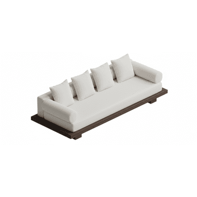 A modern, low-profile sofa featuring a dark wooden platform base and light cream-colored upholstery. It includes a single long seat cushion, multiple square back cushions, and cylindrical bolster pillows serving as armrests. — 3D model (AI enhanced source)