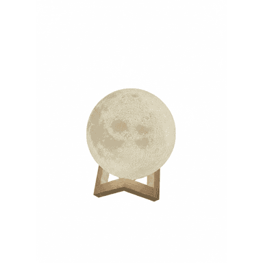 A spherical lamp designed to resemble the moon's surface, illuminated from within, resting on a minimalist wooden stand. The surface features detailed craters and textures characteristic of the moon. — 3D model (AI enhanced source)
