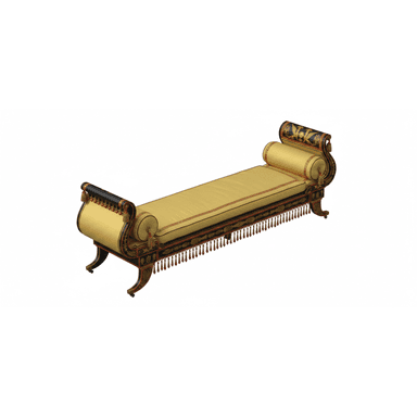 A sophisticated Neoclassical style daybed featuring a long, rectangular cushioned surface upholstered in yellow fabric, flanked by elegant scrolled ends. The wooden frame is lacquered black with intricate gilded and red painted classical motifs, including stylized wings and foliage. Decorative tassels in red and gold adorn the side frame, enhancing its luxurious and historical aesthetic. The daybed stands on short, curved legs. — 3D model (AI enhanced source)