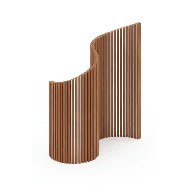 A modern, freestanding room divider constructed from numerous vertical wooden slats arranged in a distinctive curved, S-shaped configuration. — 3D model (AI enhanced source)
