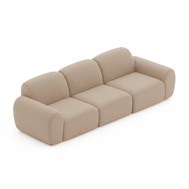 A contemporary three-seater modular sofa featuring soft, rounded forms and upholstered in a light beige, textured fabric. The sofa comprises three distinct sections, each contributing to a cohesive, low-profile design. — 3D model (AI enhanced source)