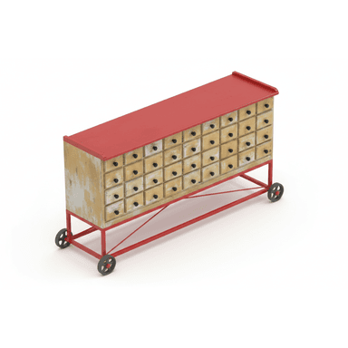 A long, rectangular storage cabinet featuring numerous small drawers, supported by a red metal frame with caster wheels. The cabinet body has a distressed light wood finish, while the top surface is painted a solid red, matching the base frame. Each drawer is equipped with a small, circular black pull. The design evokes an industrial or vintage apothecary aesthetic. — 3D model (AI enhanced source)