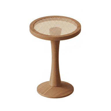 A small, contemporary side table featuring a circular wooden top with a woven cane inlay, supported by a single flared pedestal base made of light-toned wood. — 3D model (AI enhanced source)