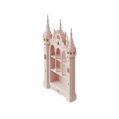 A highly decorative, castle-themed bookshelf and display cabinet featuring multiple turrets, spires, and arched openings. The piece is rendered in a soft pastel pink color with intricate gold accents and stands on a white base. It includes several open shelves for display and two small drawers at the bottom. — 3D model (AI enhanced source)
