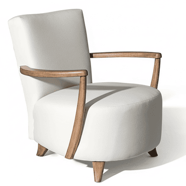 A fully upholstered lounge armchair featuring an off-white fabric and a visible, sculptural wooden frame that forms the armrests and legs. The design emphasizes clean lines and organic curves. — 3D model (AI enhanced source)