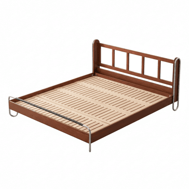 A modern bed frame made of dark brown wood with a slatted headboard and integrated silver-tone metal accents forming parts of the frame and a footrest. — 3D model (AI enhanced source)