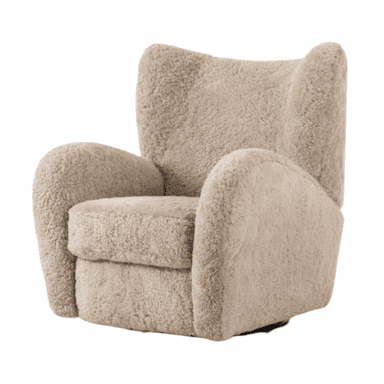 A contemporary upholstered armchair featuring a plush, textured sherpa fabric in a light beige color. The chair has a high back with subtly curved sides, generously padded rolled arms, and a thick, separate seat cushion. It rests on a discrete swivel base, allowing for rotation. The overall aesthetic emphasizes comfort and softness. — 3D model (AI enhanced source)
