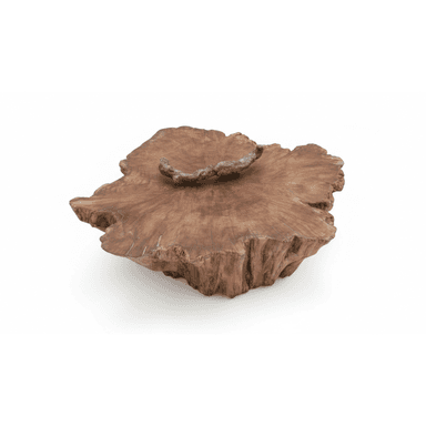 A low-profile coffee table crafted from a single, thick slab of natural wood, likely a root section, showcasing its organic, live edges and distinctive grain. The surface is relatively flat but follows the natural contours of the wood, with a small, gnarled piece of natural wood decoratively placed on top. The base appears to be an extension of the same wood slab, forming a solid, rustic structure. — 3D model (AI enhanced source)