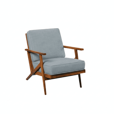 A Mid-Century Modern armchair featuring an exposed wooden frame and light blue-grey upholstered cushions for the seat and backrest. The design emphasizes clean lines and a minimalist aesthetic. — 3D model (AI enhanced source)