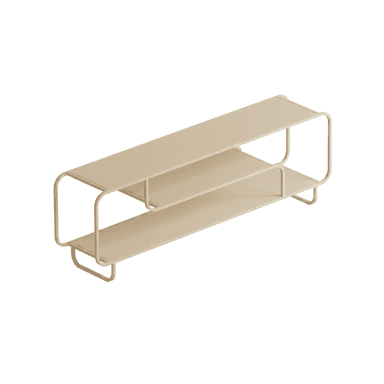 A low, two-tiered shelving unit made from tubular metal with flat shelves, featuring a continuous, bent frame with rounded edges and finished in a light beige color. — 3D model (AI enhanced source)