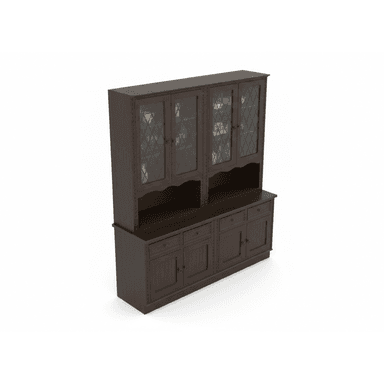 A traditional dark wood china cabinet, consisting of a hutch top with two sets of glass-paned double doors and a base with drawers and solid cabinet doors. The glass doors feature a decorative diamond-patterned mullion design, and the overall piece has a classic, elegant aesthetic. — 3D model (AI enhanced source)