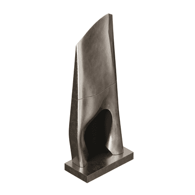 A modern freestanding fireplace crafted from dark, veined marble, featuring a sculptural, organic form. The design includes a curved main body rising from a rectangular base, with an integrated, asymmetrical firebox opening. The marble surface displays subtle veining and a polished finish, enhancing its contemporary aesthetic. — 3D model (AI enhanced source)