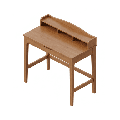 A compact wooden writing desk featuring a minimalist design. It includes a raised top shelf (hutch) with compartments, a single recessed drawer, and sturdy A-frame legs on the sides connected by stretchers. The natural wood grain is visible throughout. — 3D model (AI enhanced source)