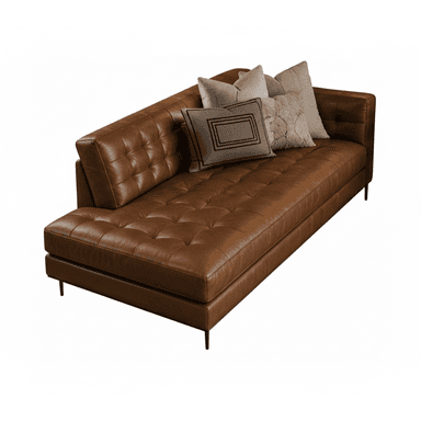 A modern tufted leather chaise lounge featuring a rich cognac brown finish, a single armrest, and slender black metal legs, accompanied by several decorative throw pillows. — 3D model (AI enhanced source)