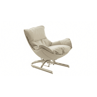 A cream-colored lounge chair featuring a plush, upholstered body set on a polished metal sled base. The chair's form provides a relaxed, reclined seating position with integrated armrests and ample cushioning. The base is constructed from curved metal tubing, providing a stable yet visually light foundation. — 3D model (AI enhanced source)