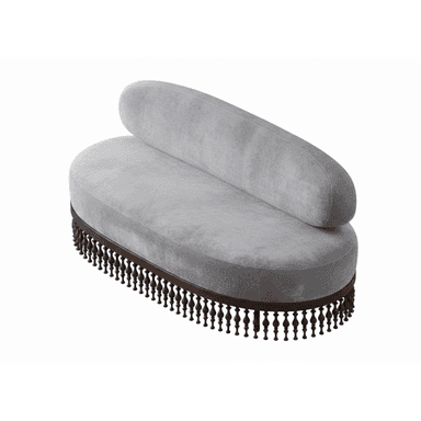 An elongated, asymmetrical chaise lounge upholstered in light grey velvet, featuring a single, organically curved backrest. The base is crafted from dark wood, showcasing a prominent border of turned wooden spindles or finials, which lends a decorative and classical touch to the overall modern form. The piece is designed for lounging or reclining. — 3D model (AI enhanced source)