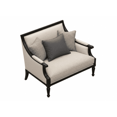 A traditional-style loveseat featuring an exposed dark wood frame with elegant curves, upholstered in a light, textured fabric. It has upholstered armrests, turned legs, and comes with three decorative accent pillows. — 3D model (AI enhanced source)