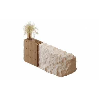 A contemporary reception desk or service counter, featuring a wooden cabinet section with multiple drawers or doors on one side, and a large, rough-textured, organic-shaped block forming the main body and extension. The top surface of the wooden section serves as a flat countertop, adorned with decorative items. — 3D model (AI enhanced source)