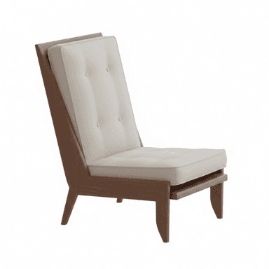 An armless lounge chair with a dark wooden frame and light-colored, button-tufted upholstered cushions, designed in a mid-century modern style. — 3D model (AI enhanced source)